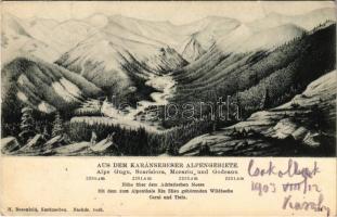 1903 Karánsebes, Caransebes; Aus dem Karánsebeser Alpengebiete. Alpe Gugu, Scarisiora, Morariu und Godeanu / Karánsebesi hegyek. H. Rosenfeld kiadása / mountains (EK)