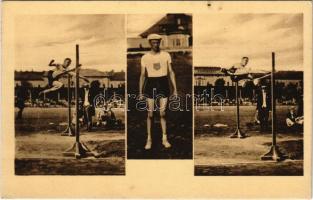 1913 július 28. MAC (Magyar Atlétikai Club) verseny, Horine (világrekorder) stílusa. 1. és 2. kép: baloldalról nekifutva bal láb elugrással legelőszor a balkarját s utána a jobb lábát viszi át. Budapest IX. Üllői út, FTC pálya. Kiadja a Klasszikus pillanatok vállalat, Révész és Biró műterem / George Horine American high jump athletes western roll technique at the Hungarian Athletic Clubs competition in Budapest