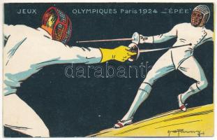 1924 Paris, Jeux Olympiques. Épée / 1924. évi nyári olimpiai játékok, vívás, sport / 1924 Summer Olympics advertisement postcard. Fencing. L. Pautauberge litho s: H. L. Roowy