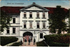 Erzsébetváros, Elisabethstadt, Dumbraveni; M. kir. honvéd laktanya, katonák. Draser Pál kiadása / Hungarian military barracks, soldiers (lyuk / hole)