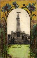 1917 Mádéfalva, Csíkmádéfalva, Siculeni; A madéfalvi veszedelem (1764) turul emlékoszlopa. Szecessziós litho keret / monument of the Székely massacre (Siculicidium), obelisk. Art Nouveau litho (r)