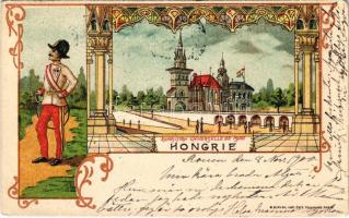 1900 Exposition Universelle de Paris, Hongrie. B. Sirven / 1900-as párizsi világkiállítás: Magyar pavilon és katonatiszt. Hungarika / 1900 Paris Exposition: Hungarian pavilion. Art Nouveau Hungarica litho (EK)