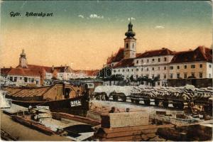 Győr, Rába rakpart iparvasúttal, templom, Róza Komáromy F.: Esztergom halászbárka (fa)