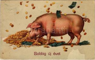 1917 Boldog új évet! Malac pénzesőben / New Year greeting, pig in money rain. litho (fl)