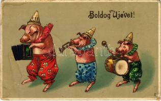 Boldog új évet! Malac banda / New Year greeting, pig music band. litho (EM)