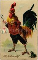 1909 Boldog húsvéti ünnepeket! Kakas úr / Easter greeting, Mr. Rooster. litho (gyűrődések / creases)