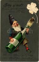 1905 Boldog új évet! Törpe pezsgővel - dombornyomott / New Year greeting, Dwarf with a bottle of champagne. Embossed litho (EK)