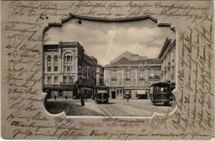 1907 Temesvár, Timisoara; Szent György tér, villamosok, Varneky A. üzlete. Polatsek-féle kiadása / square, trams, shop. Art Nouveau