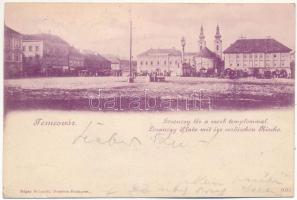 1900 Temesvár, Timisoara; Losonczy tér, szerb templom, piac, Bruck S. üzlete / market square, Serbian church, shops (EK)