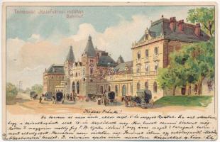 Temesvár, Timisoara; Józsefvárosi indóház, vasútállomás, lovas hintók. Corvina kiadása / Bahnhof / Iosefin railway station, horse chariots. Art Nouveau, litho (Rb)