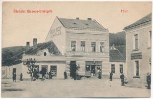 Kiszucaújhely, Kysucké Nové Mesto; Fő tér, Braun Adolf vendéglője, Zsolnai Hitelbank fiókja, Sch. Ármin üzlete / main square, credit bank, shops, restaurant (r)