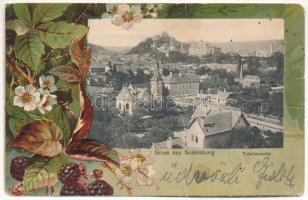 1901 Segesvár, Schässburg, Sighisoara; Kiadja Fritz Teutsch, szecessziós virágos litho keret / Art Nouveau, floral, litho frame (szakadás / tear)