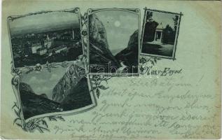 1899 (Vorläufer) Nagyenyed, Aiud; látkép, sétatéri síremlék, este / general view, monument, night. Art Nouveau, floral