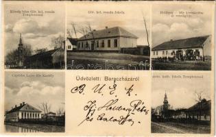 1908 Baracháza, Barateaz, Calugarus, Baraczháza (Temes); Községháza, görögkeleti román templom és iskola, Római katolikus iskola és templom, Capdebo Lajos féle kastély, Péter Hellberg jr. üzlete, vendéglője és saját kiadása / town hall, Greek Orthodox church and school, Roman Catholic church and school, shop, restaurant (fl)