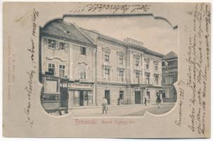 1901 Temesvár, Timisoara; Szent György tér, Lenz János szállodája, kávéháza és sörcsarnoka, Rosner Márk üzlete, villamos. Polatsek-féle kiadása / square, hotel, cafe and beer hall, shop, tram. Art Nouveau (fl)