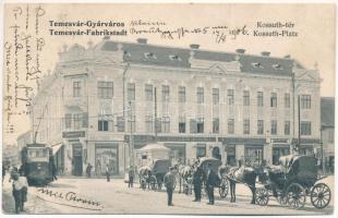 1906 Temesvár, Timisoara; Gyárváros, villamos, Kossuth tér, Korona bank, Deutsch Testvérek, Morgenstern Zsigmond, Steingaszner Ferenc, Wilheim Fülöp, Goldmann S. és Haring Gusztáv üzlete, lovas hintók / Fabric, square, horse chariots, shops, tram (Rb)