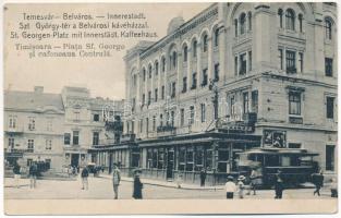 Temesvár, Timisoara; Belváros, Szent György tér, Belvárosi kávéház, Gresham, Pilsner sör csarnok, villamos. Hungaria Bromüta Nr. 95-1911. / Innererstadt / square, cafe, night, tram, beer hall (EK)