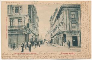 1902 Temesvár, Timisoara; Takarékpénztár utca, kerékpár, Probst Adolf üzlete. J. Raschka kiadása / street view, bicycle, shops