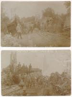 1919 Miskolc-Salgótarján vasútvonal találkozása, vasúti karambol, Telek Béla állomás felvigyázó, összezúzott vonatok - 2 db eredeti fotó képeslap / 2 original photo postcards