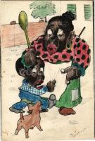 Afroamerikai fiú és anyja - Saját kézzel rajzolt / Black American boy and his mother - Hand drawn art s: Kiss Géza