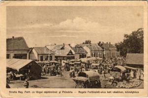 Marosújvár, Ocna Mures; Strada Reg. Ferd. cu targul saptamanal si Primaria / Ferdinand király utca, heti vásár, piac, községháza, Ioan Maier üzlete / street, market, town hall, shops (EB)