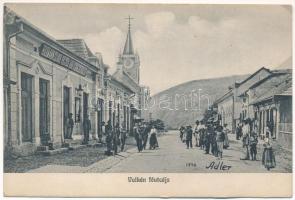 1911 Vulkán, Zsilyvajdejvulkán, Vulcan; Fő utca, templom, Hermann Izidor vegyesárú kereskedése, üzletek. Adler fényirda Szászváros 1846. 1910 / main street, shops, church (EK)