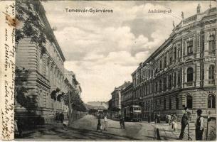 1904 Temesvár, Timisoara; Gyárváros, Andrássy út, villamos. Kiadja Káldor Zs. és társa / Fabric, street view, tram (EB)