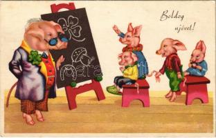 1943 Boldog Újévet! / New Year greeting art postcard with pigs at school