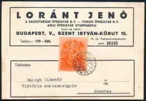 1938 Bp., Lóránt Jenő (A Salgótarjáni Üveggyár Rt. - Tokodi Üveggyár Rt. - Ajkai Üveggyár gyártmányai) fejléces levelezőlapra írt üzleti levél