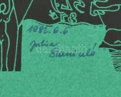 Szaniszló Júlia (1950-1989): Alakok (cím nélkül). Fametszet, papír, jelzett. 29,5x21 cm