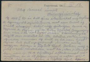 1945.III.13. Fegyvernek, Hubai János cipőtermelő, kijelölt cipőkereskedő fejléces levelezőlapjára ír...