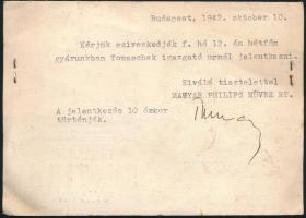 1942 Bp., Magyar Philips Művek Rt. fejléces levelezőlapra írt levél