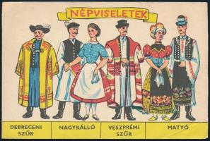 Nyitható órarend a retró korszakból, magyar népviseletekkel díszítve, hajtott, 16,5×11 cm