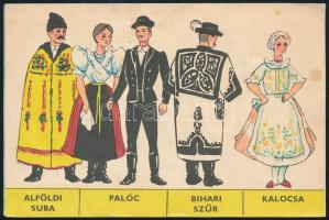 Nyitható órarend a retró korszakból, magyar népviseletekkel díszítve, hajtott, 16,5×11 cm