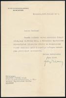 1933 Fabinyi Tihamér kereskedelemügyi miniszter autográf aláírással ellátott levele