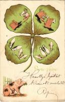 1900 Porte-Veine / Erotic humour art postcard with romantic couple, pig and clover. litho (EK)