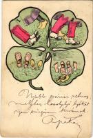 1900 Erotic humour art postcard with romantic couple and clover. litho (EK)
