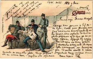 1901 Gruss aus... / Austro-Hungarian K.u.K. military art postcard. Verlag der Wiener Mode. litho (gyűrődések / creases)