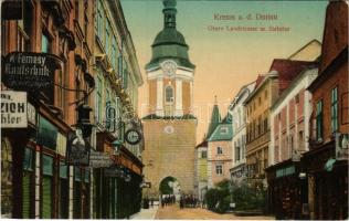 1912 Krems an der Donau, Obere Landstrasse m. Steintor / street view, gate, shop of K. Fernesy