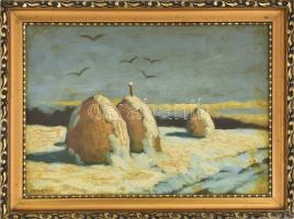 Jeney jelzéssel: Havas boglyák. Olaj, karton. Dekoratív fakeretben. 24x33,5 cm