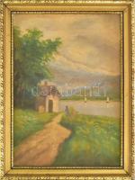 Árvay jelzéssel: Sétálók a vízparton. Olaj, karton. Dekoratív fakeretben. 33x24 cm