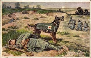 1917 K.F.A. Sanitätshunde, Erhörter Hilferuf. Zu Gunsten des K.u.k. Kriegsfürsorgeamtes / WWI K.u.K. military art postcard, mercy dog s: E. Ranzenhofer (EK)