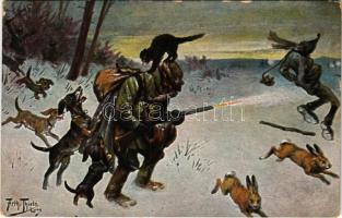 1912 Hunter humour with Dachshund dogs and rabbits s: Arthur Thiele (EK)
