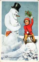 1910 Bonne Année! / New Year greeting art postcard with snowman smoking a cigar, child with sled. B.K.W.I. 2786-5. (EK)