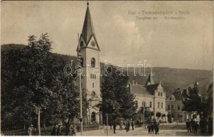 Trencsénteplic, Trencianske Teplice; Templom tér. Wertheim Zsigmond kiadása / Kirchenplatz / church, street view (EK)