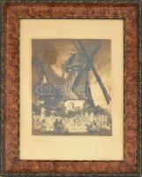 Horváth Endre (1896-1954) és Frank William Brangwyn (1867-1956): Tekézők szélmalomnál. Rézkarc, papír, jelzett, üvegezett fakeretben, 21,5x18,5 cm