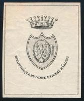 Bibliotheque du comte Etienne Károlyi (ex libris gróf Károlyi Sándor, címerrel, XIX. sz.). Rézmetszet, papír, jelzés nélkül 5,5x4,5 cm