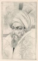 Kass János (1927-2010): Turbános portréja (cím nélkül). Rézkarc, papír, jelzés nélkül, hátoldalán pr...