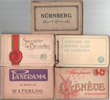 5 db RÉGI külföldi képeslap füzet: Bruxelles, Waterloo, Charleroi, Geneve, Nürnberg