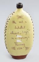 Butéla, feliratos, humoros. Karcag, 1984 Mázas kerámia, kézzel festett, hibátlan 21 cm